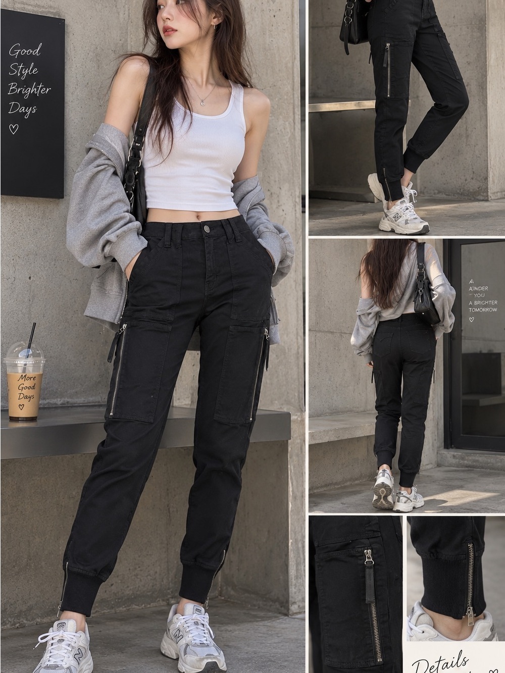 JOIE Black Cargo Joggers with Zip Details
